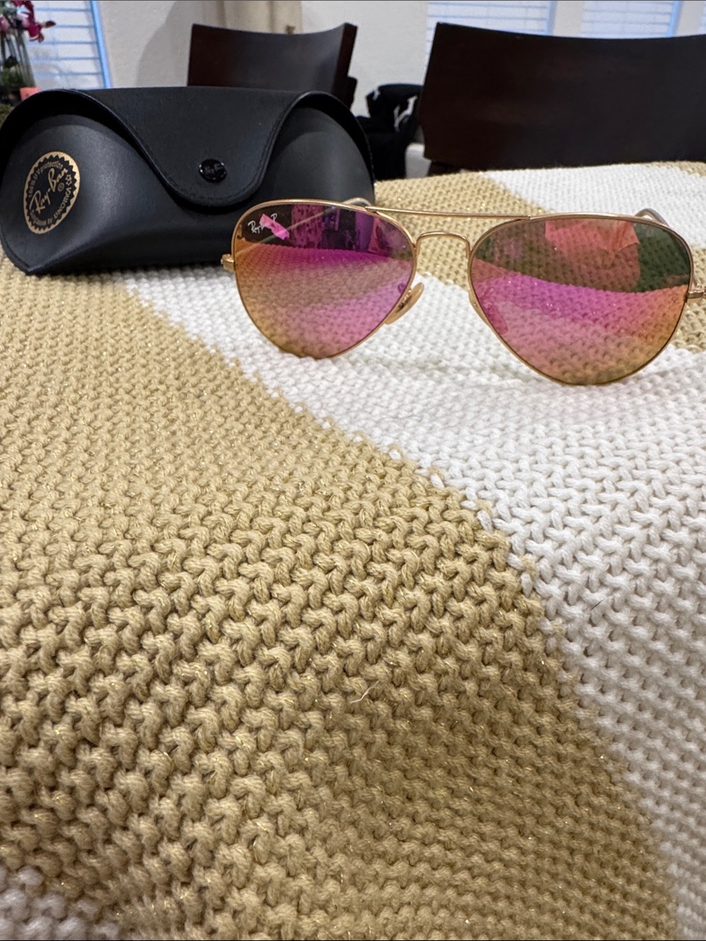 Ray-Ban Gold Frame Sunglasses with Pink Mirrored Lenses